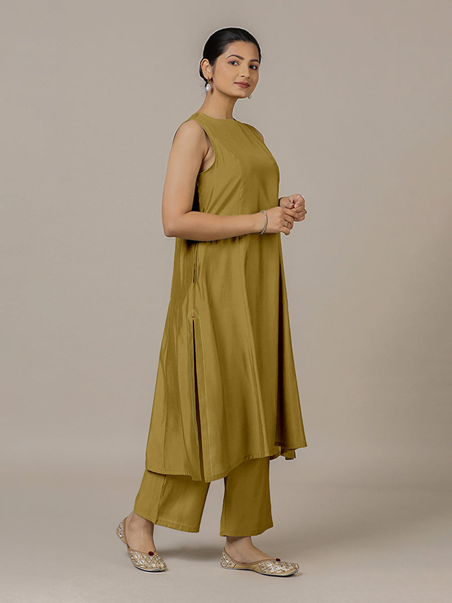 Sameera x Rozaana Kurta, in Yellow Viscose, featuring sleeveless and jewel neckline, made for daily & work (view 7).