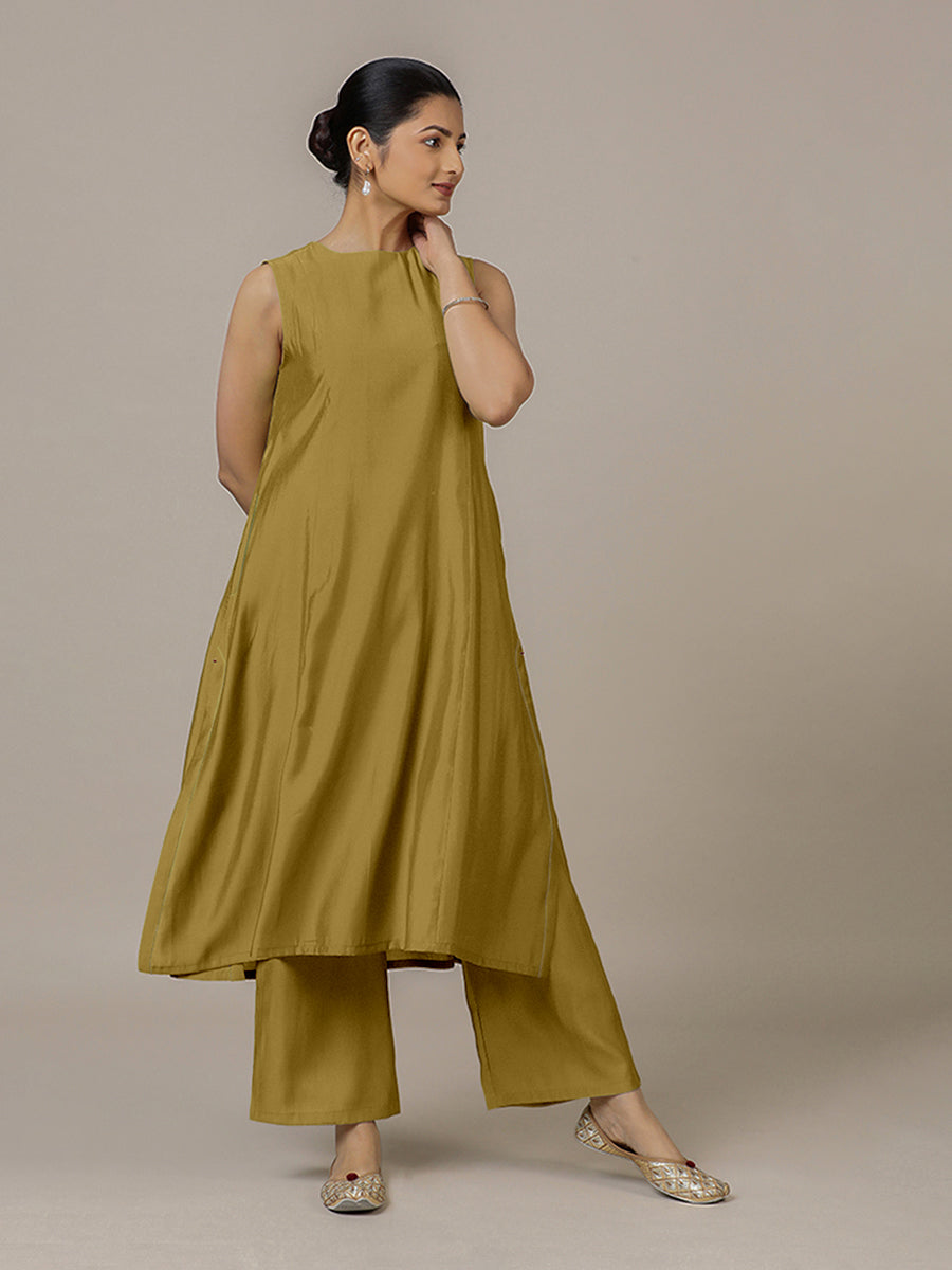 Sameera x Rozaana Kurta, in Yellow Viscose, featuring sleeveless and jewel neckline, made for daily & work (view 8).