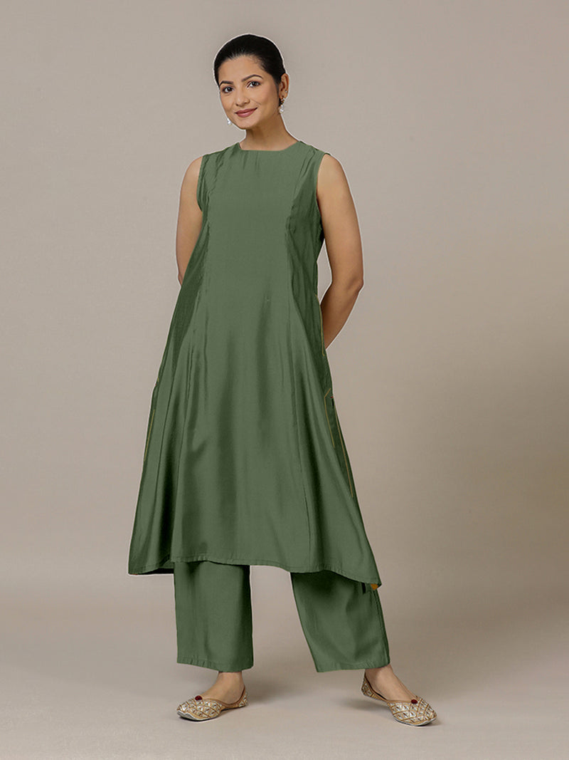 Sameera x Rozaana | A Line Kurta in Hunter Green with Thread Work | Coords or Only Kurta-Binks