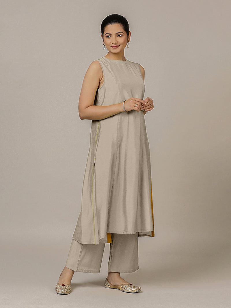 Sameera x Rozaana | A Line Kurta in Oyster Grey with Thread Work | Coords or Only Kurta-Binks