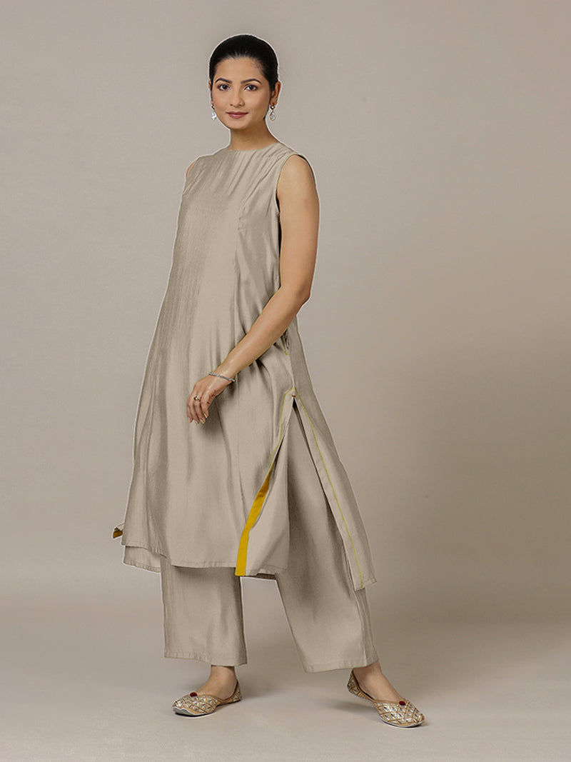 Sameera x Rozaana | A Line Kurta in Oyster Grey with Thread Work | Coords or Only Kurta-Binks