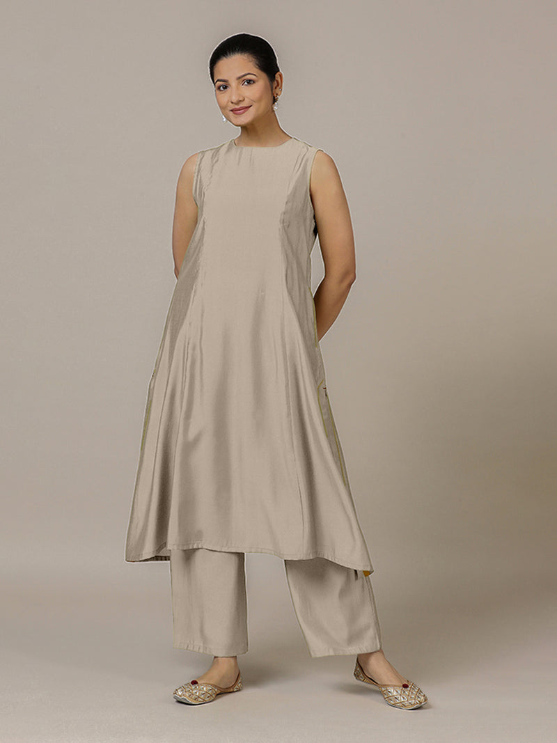 Sameera x Rozaana | A Line Kurta in Oyster Grey with Thread Work | Coords or Only Kurta-Binks