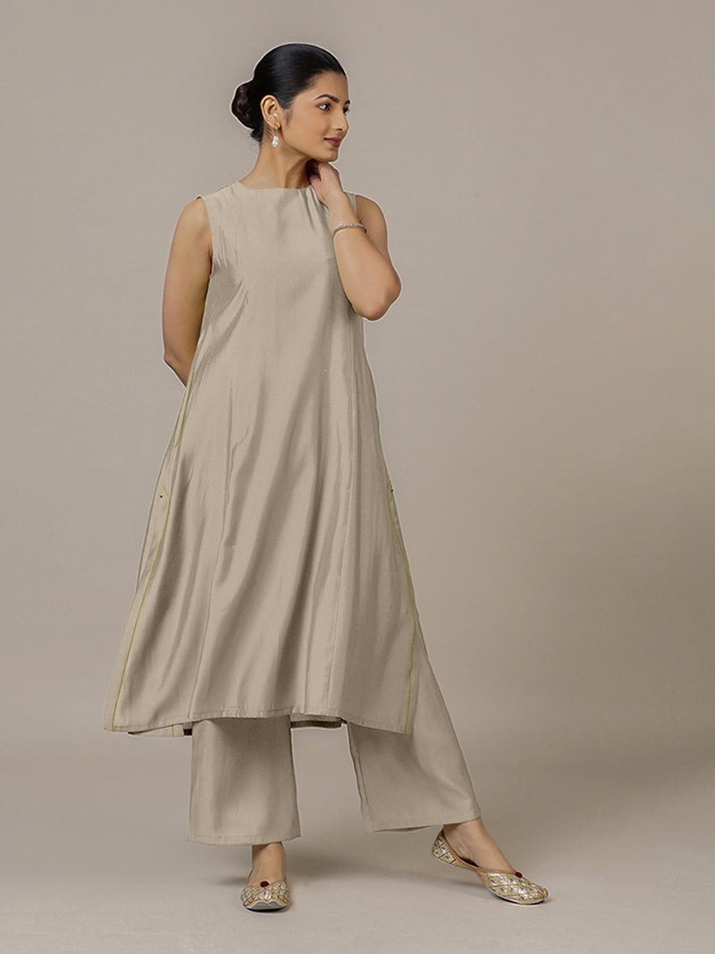 Sameera x Rozaana | A Line Kurta in Oyster Grey with Thread Work | Coords or Only Kurta-Binks