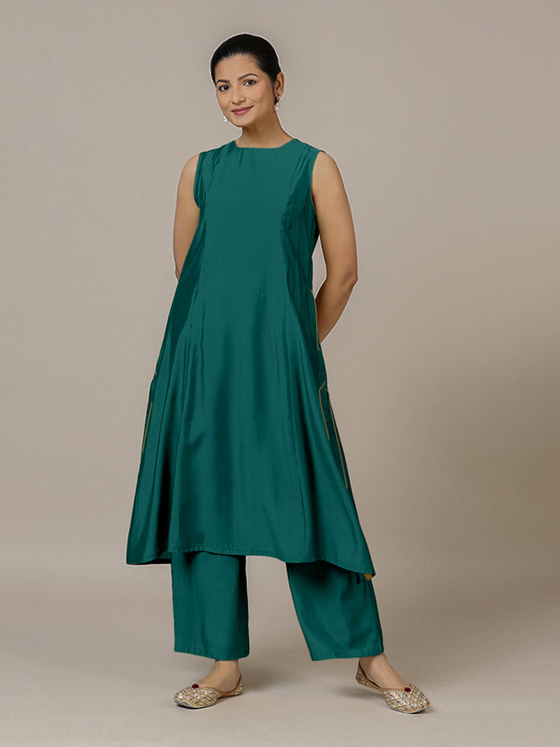 Sameera x Rozaana | A Line Kurta in Peacock Green with Thread Work | Coords or Only Kurta-Binks