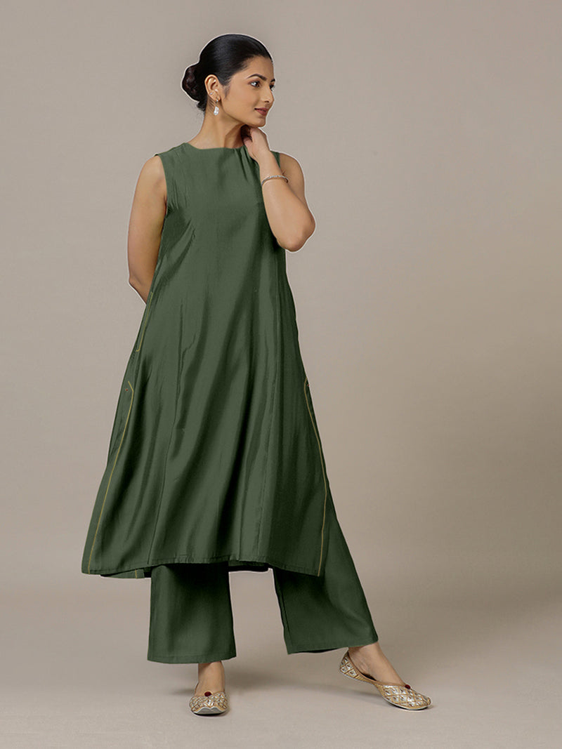 Sameera x Rozaana | A Line Kurta in Pine Green with Thread Work | Coords or Only Kurta-Binks