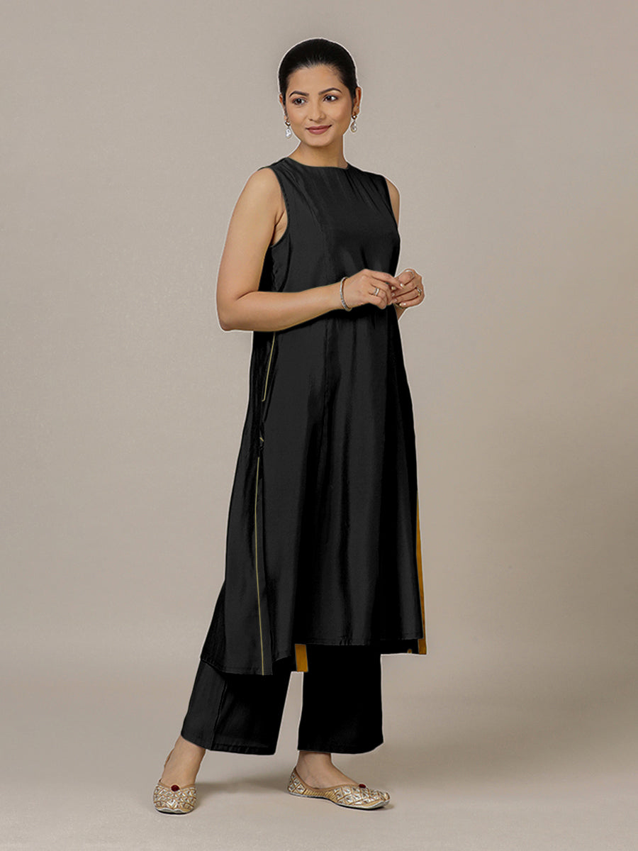 Sameera x Rozaana Kurta, in Black Viscose, featuring sleeveless and jewel neckline, made for daily & work (view 5).