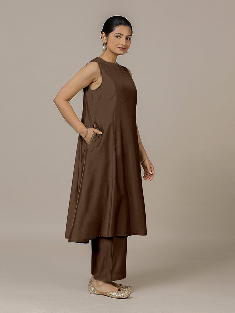Sameera x Rozaana | A Line Kurta in Walnut Brown with Thread Work | Coords or Only Kurta-Binks