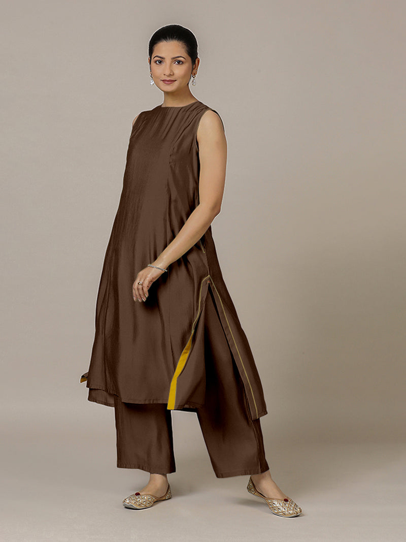 Sameera x Rozaana | A Line Kurta in Walnut Brown with Thread Work | Coords or Only Kurta-Binks