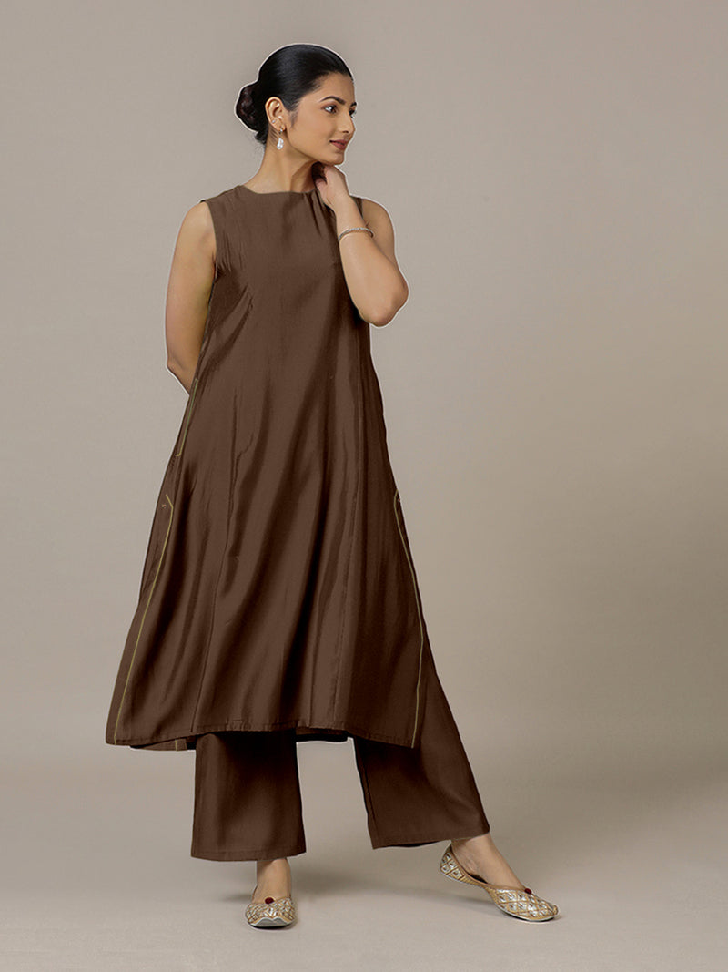 Sameera x Rozaana | A Line Kurta in Walnut Brown with Thread Work | Coords or Only Kurta-Binks