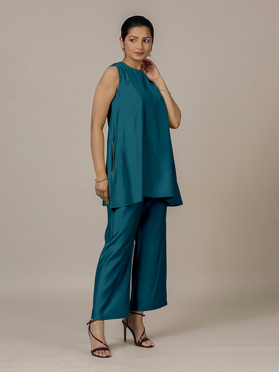 Sana x Rozaana Kurta, in Blue Viscose, featuring sleeveless and jewel neckline, made for daily & work (view 7).