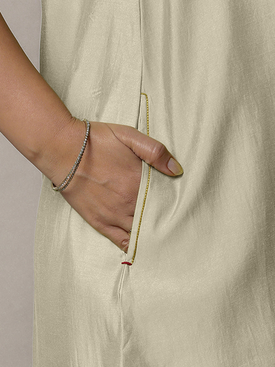Sana x Rozaana Kurta, in Cream Viscose, featuring sleeveless and jewel neckline, made for daily & work (view 3).