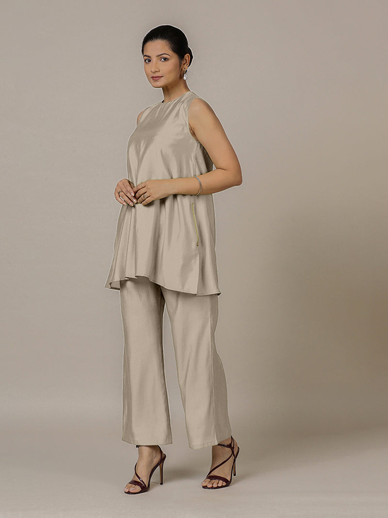Sana x Rozaana | A Line Kurta in Oyster Grey with Thread Work | Coords or Only Kurta-Binks