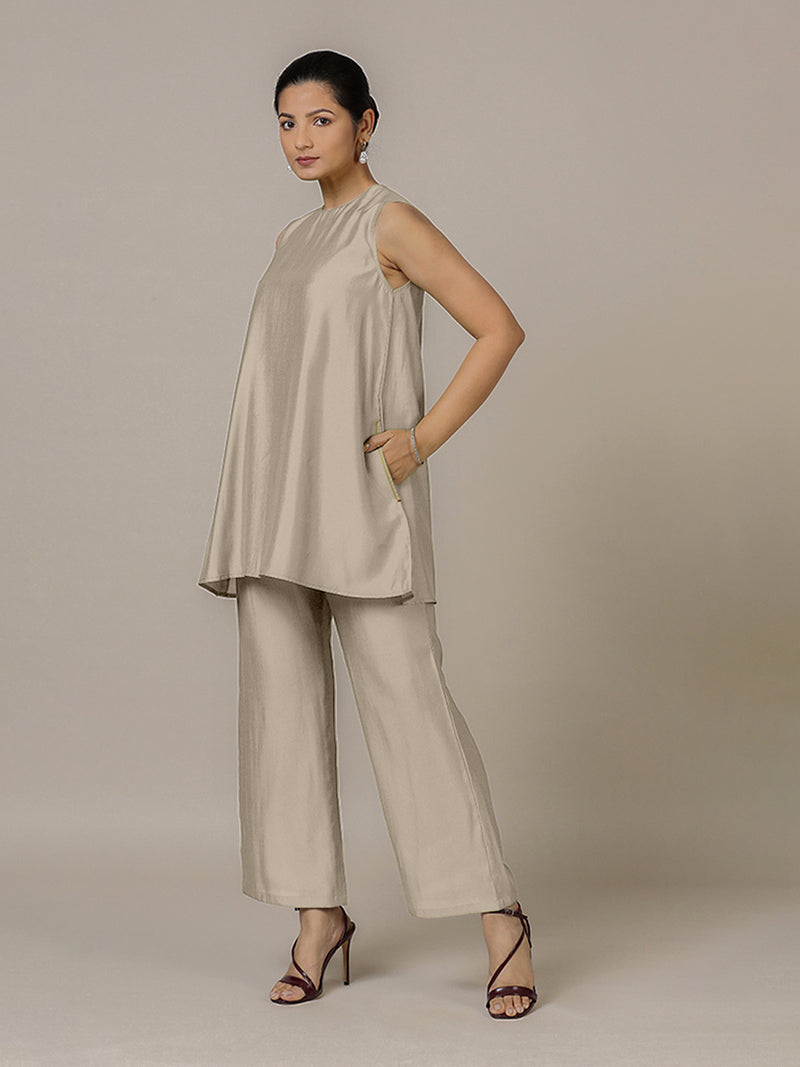 Sana x Rozaana | A Line Kurta in Oyster Grey with Thread Work | Coords or Only Kurta-Binks