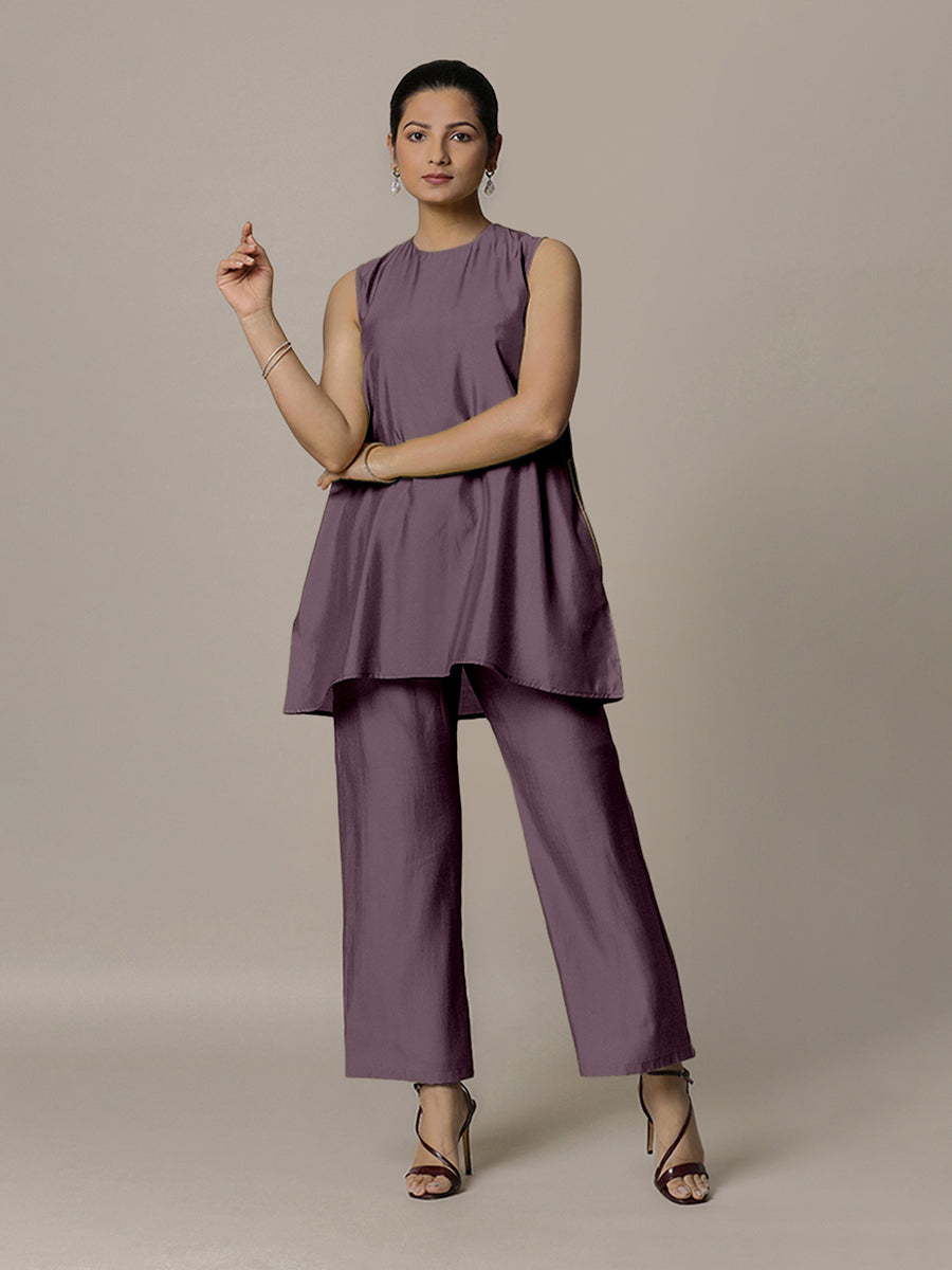 Sana x Rozaana Kurta, in Purple Viscose, featuring sleeveless and jewel neckline, made for daily & work (view 5).
