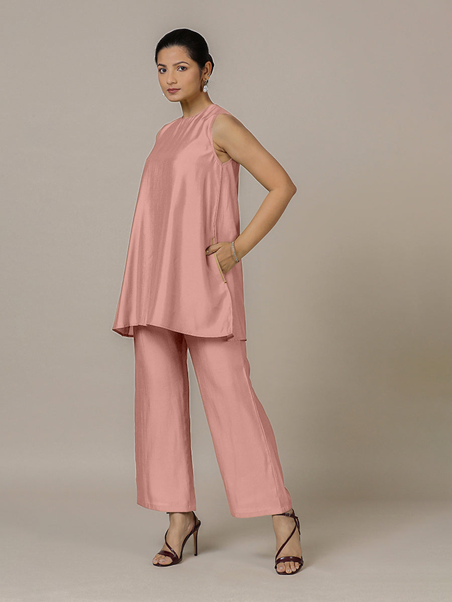 Sana x Rozaana Kurta, in Pink Viscose, featuring sleeveless and jewel neckline, made for daily & work (view 6).