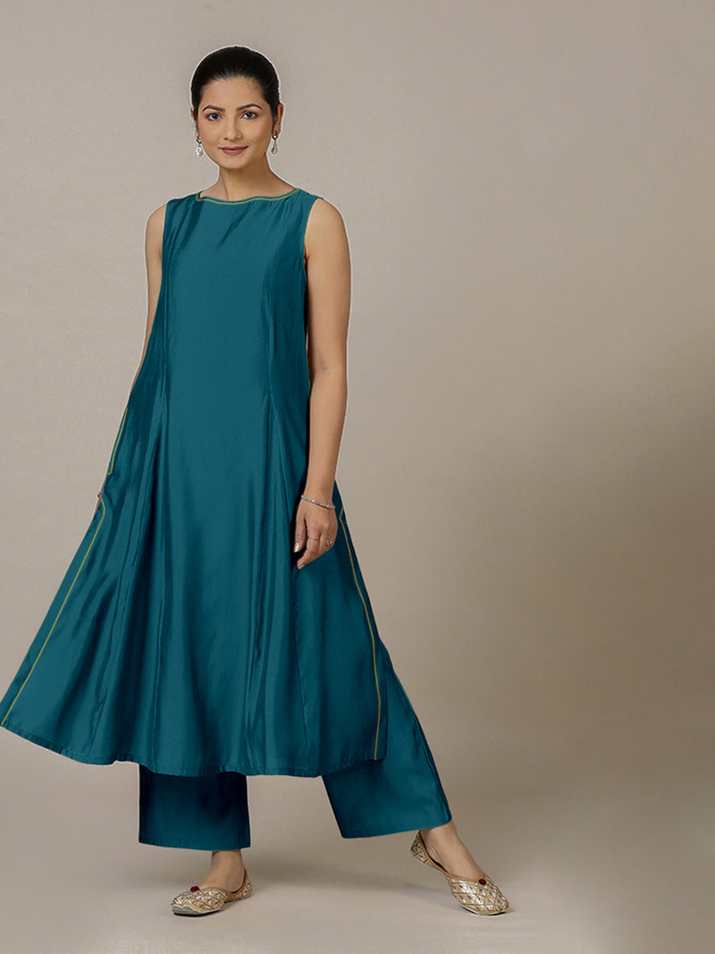 Sarah x Rozaana | A Line Kurta in Crystal Teal with Thread Work | Coords or Only Kurta-Binks