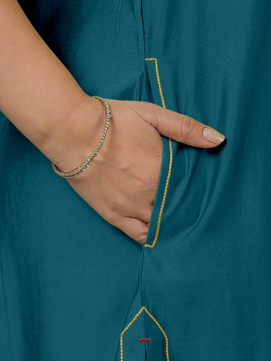 Sarah x Rozaana Kurta, in Blue Viscose, featuring sleeveless and boat neckline, made for daily & work (view 4).
