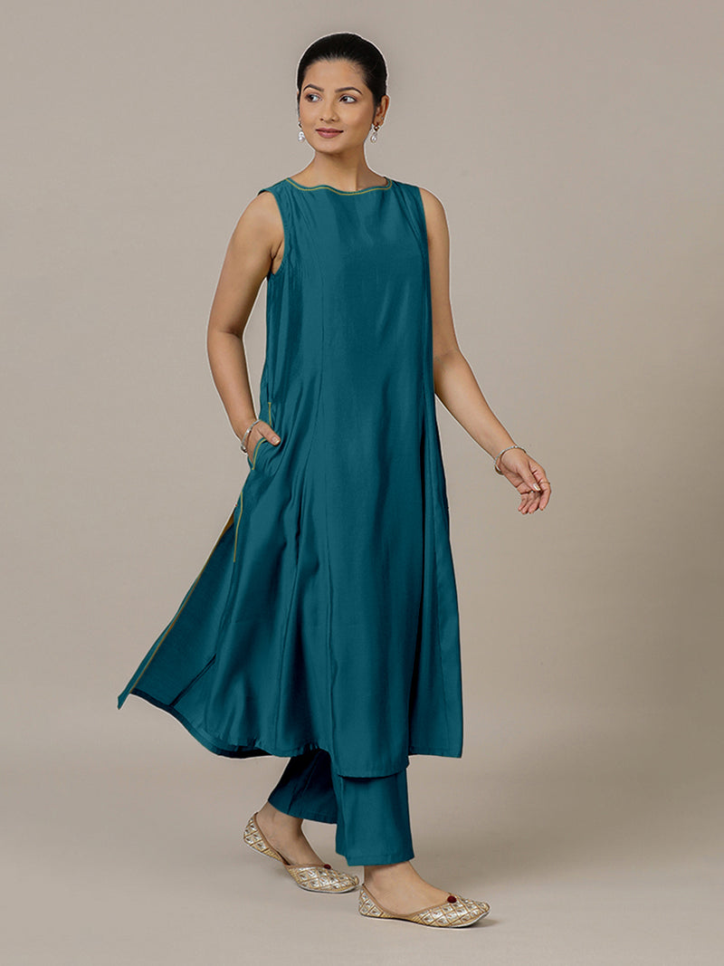 Sarah x Rozaana | A Line Kurta in Crystal Teal with Thread Work | Coords or Only Kurta-Binks