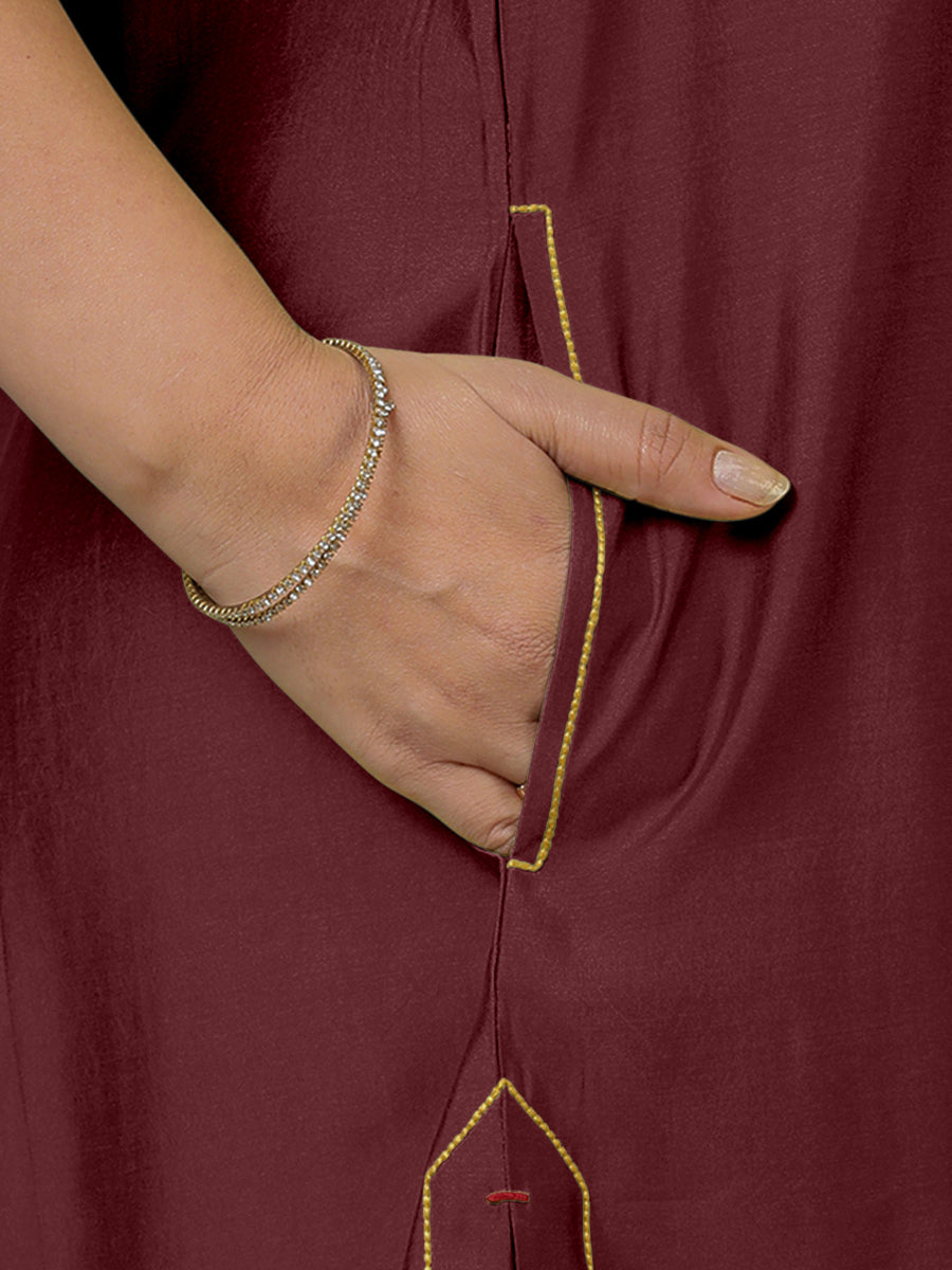 Sarah x Rozaana Kurta, in Maroon Viscose, featuring sleeveless and boat neckline, made for daily & work (view 4).