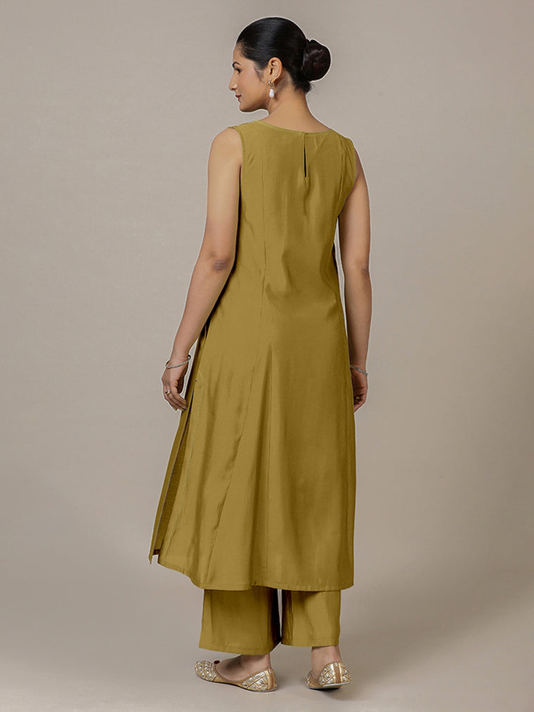 Sarah x Rozaana Kurta, in Yellow Viscose, featuring sleeveless and boat neckline, made for daily & work (view 2).