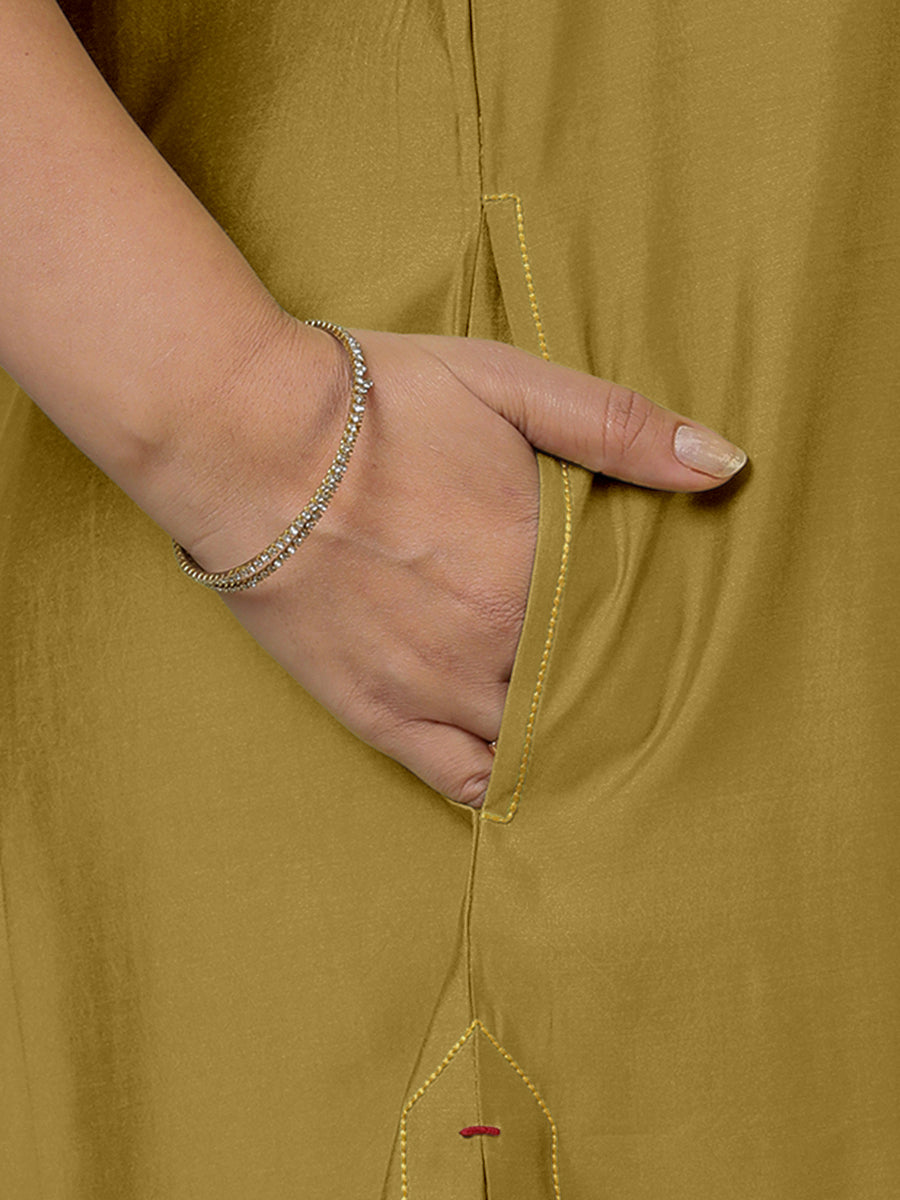 Sarah x Rozaana Kurta, in Yellow Viscose, featuring sleeveless and boat neckline, made for daily & work (view 4).