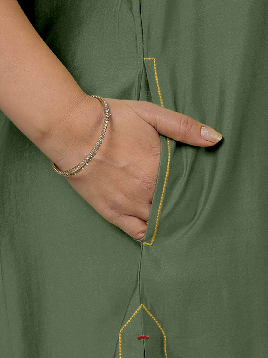Sarah x Rozaana Kurta, in Green Viscose, featuring sleeveless and boat neckline, made for daily & work (view 4).