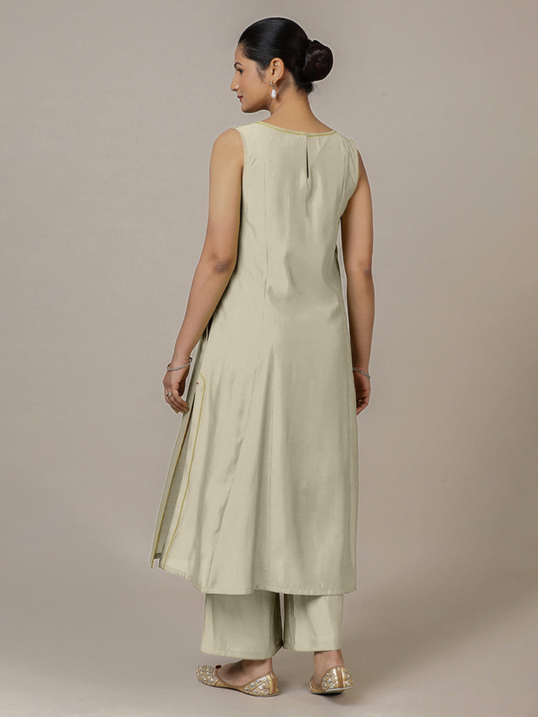 Sarah x Rozaana Kurta, in Cream Viscose, featuring sleeveless and boat neckline, made for daily & work (view 2).