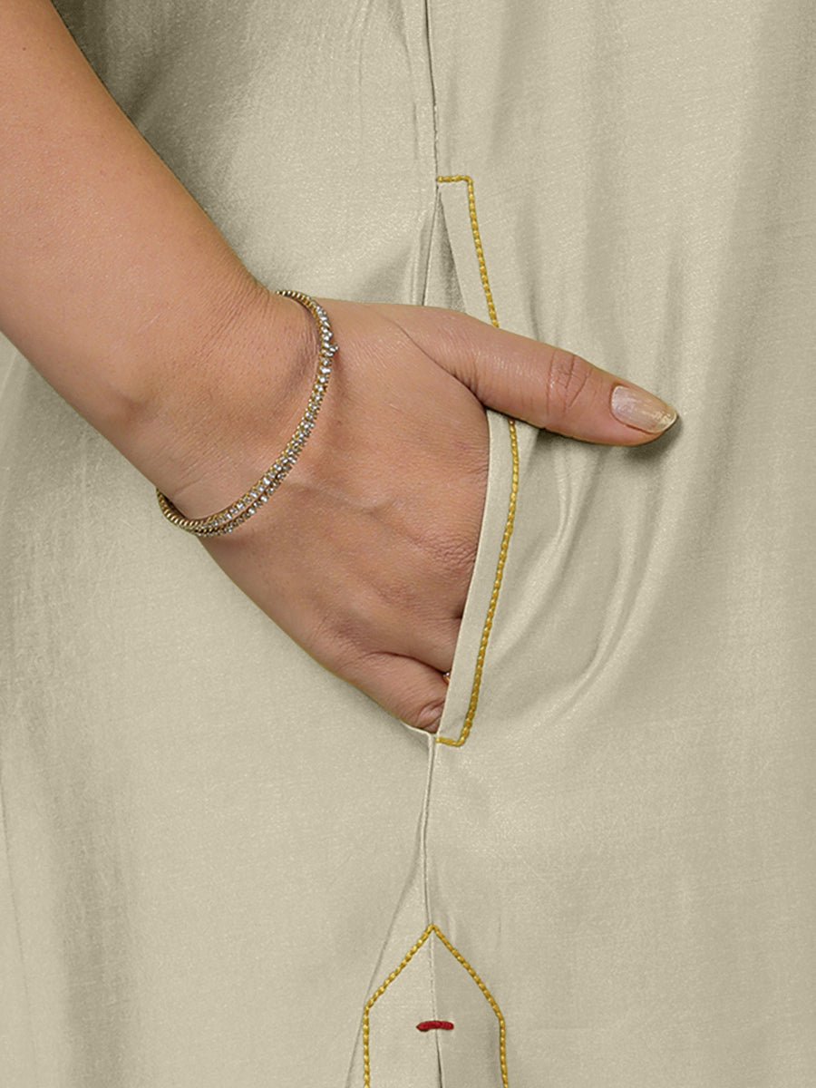 Sarah x Rozaana Kurta, in Cream Viscose, featuring sleeveless and boat neckline, made for daily & work (view 4).