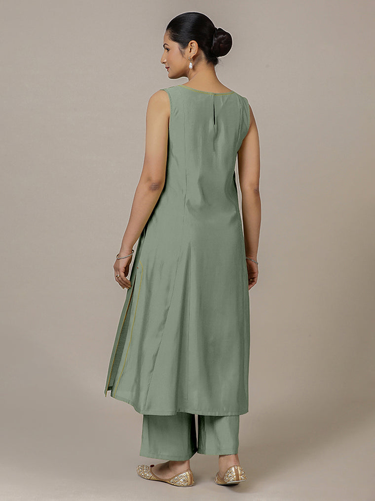 Sarah x Rozaana Kurta, in Green Viscose, featuring sleeveless and boat neckline, made for daily & work (view 2).