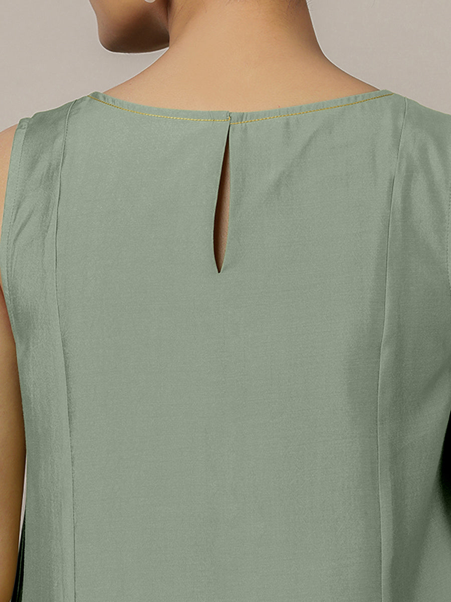 Sarah x Rozaana Kurta, in Green Viscose, featuring sleeveless and boat neckline, made for daily & work (view 3).