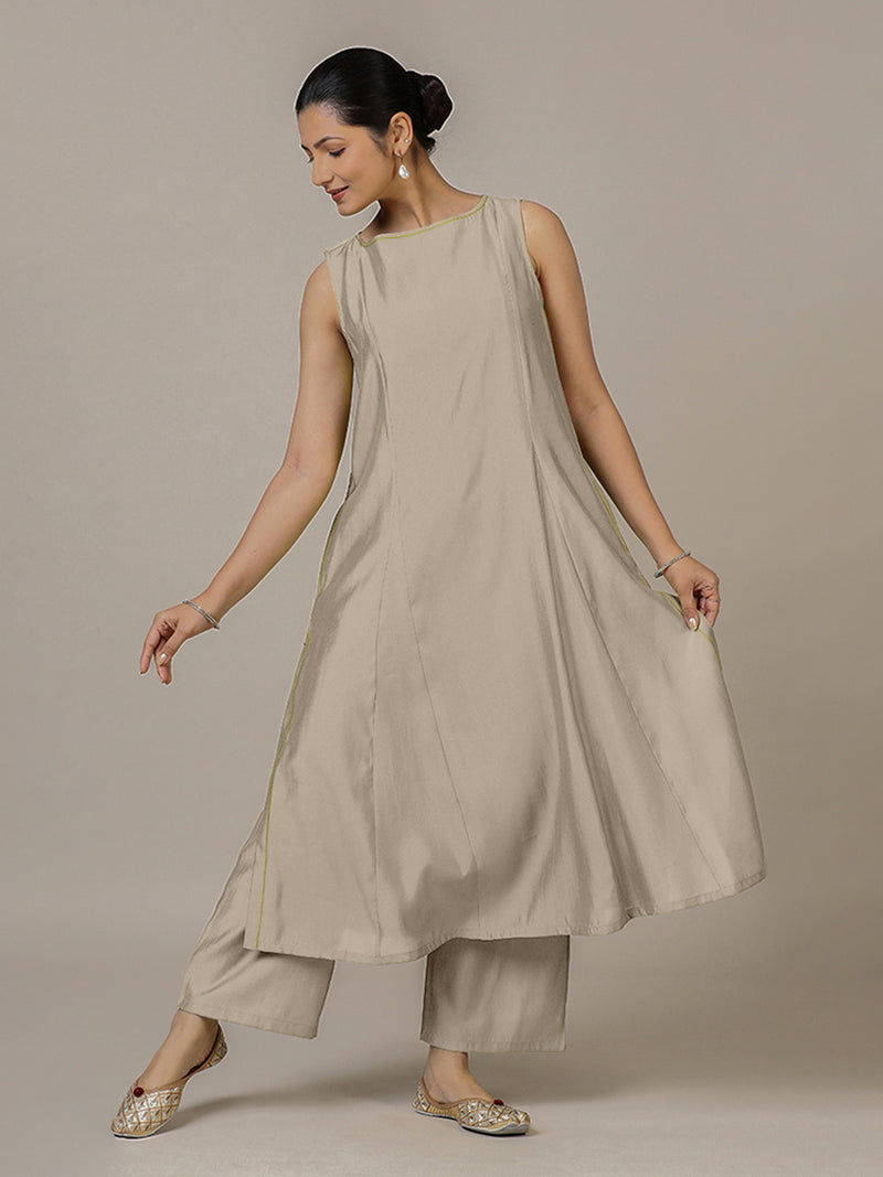 Sarah x Rozaana | A Line Kurta in Oyster Grey with Thread Work | Coords or Only Kurta-Binks
