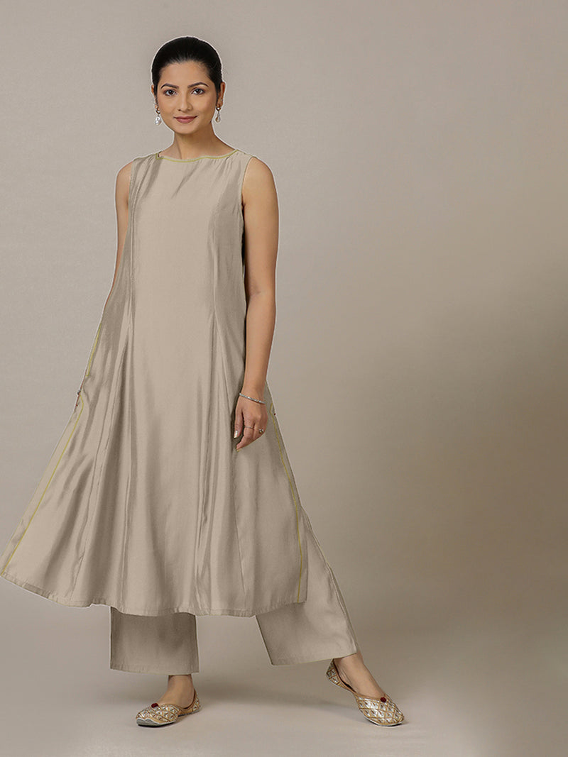 Sarah x Rozaana | A Line Kurta in Oyster Grey with Thread Work | Coords or Only Kurta-Binks