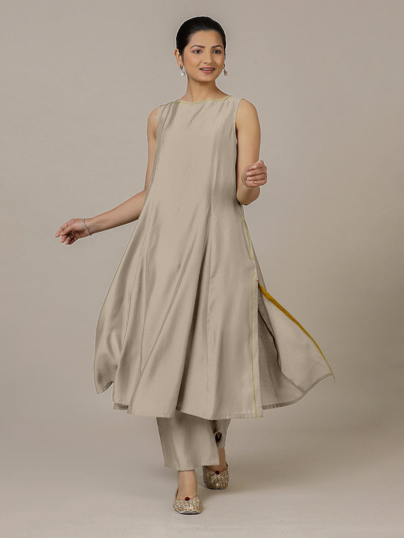 Sarah x Rozaana | A Line Kurta in Oyster Grey with Thread Work | Coords or Only Kurta-Binks