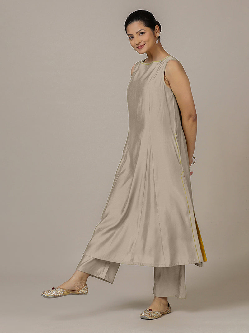 Sarah x Rozaana | A Line Kurta in Oyster Grey with Thread Work | Coords or Only Kurta-Binks