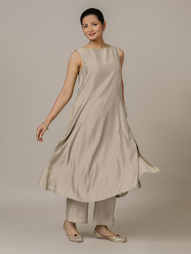 Sarah x Rozaana | A Line Kurta in Oyster Grey with Thread Work | Coords or Only Kurta-Binks