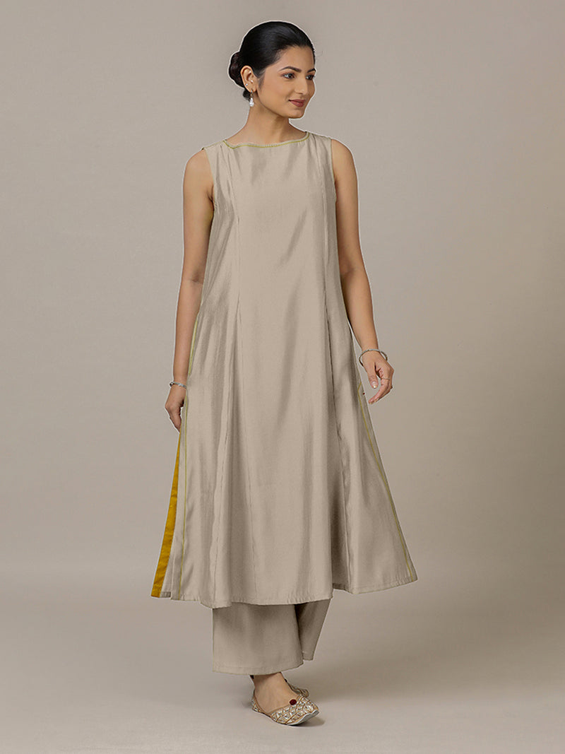 Sarah x Rozaana | A Line Kurta in Oyster Grey with Thread Work | Coords or Only Kurta-Binks