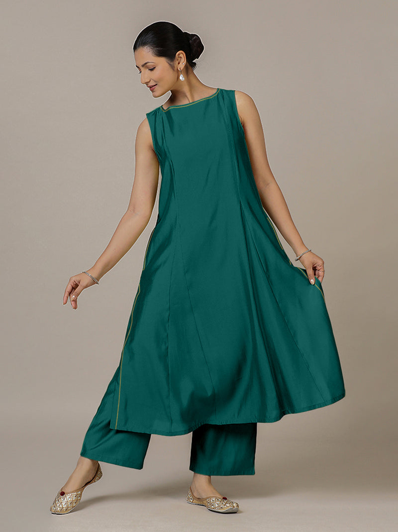 Sarah x Rozaana | A Line Kurta in Peacock Green with Thread Work | Coords or Only Kurta-Binks