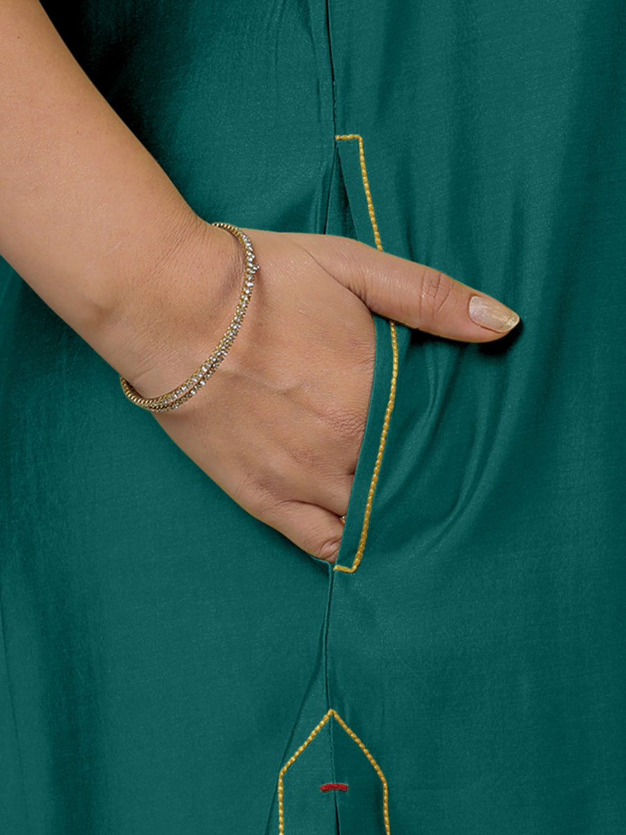 Sarah x Rozaana Kurta, in Green Viscose, featuring sleeveless and boat neckline, made for daily & work (view 4).