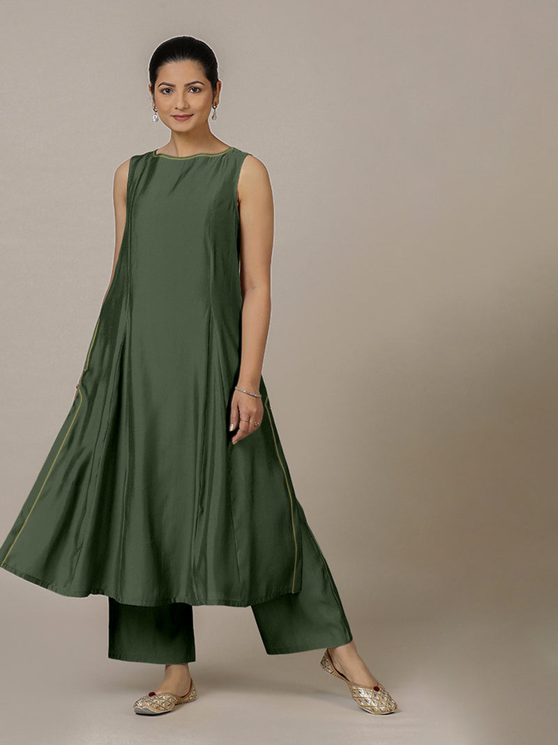 Sarah x Rozaana | A Line Kurta in Pine Green with Thread Work | Coords or Only Kurta-Binks