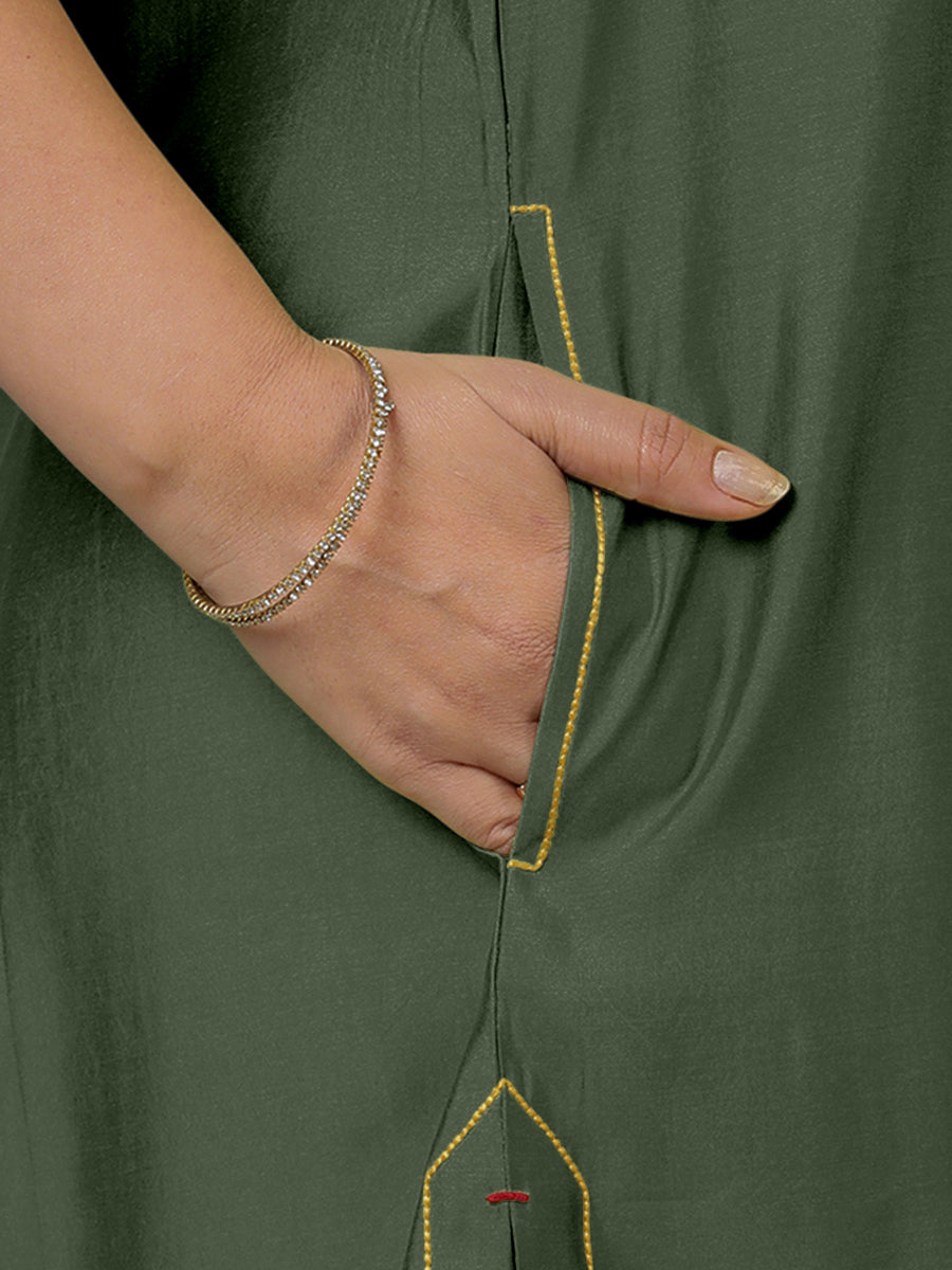Sarah x Rozaana Kurta, in Green Viscose, featuring sleeveless and boat neckline, made for daily & work (view 4).