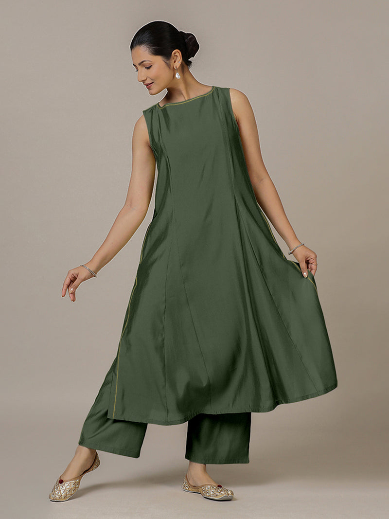 Sarah x Rozaana | A Line Kurta in Pine Green with Thread Work | Coords or Only Kurta-Binks