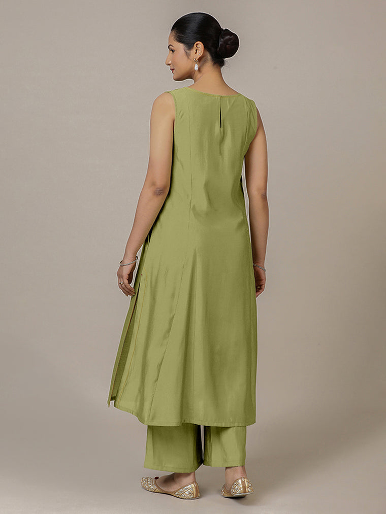 Sarah x Rozaana Kurta, in Green Viscose, featuring sleeveless and boat neckline, made for daily & work (view 2).