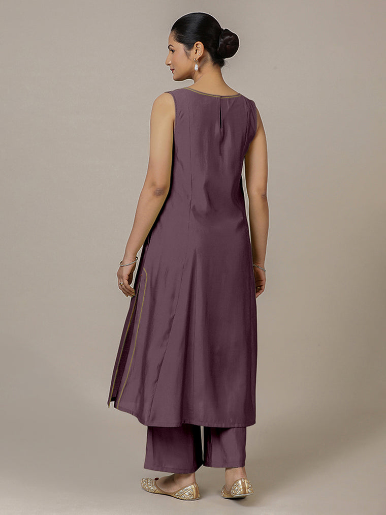 Sarah x Rozaana Kurta, in Purple Viscose, featuring sleeveless and boat neckline, made for daily & work (view 2).