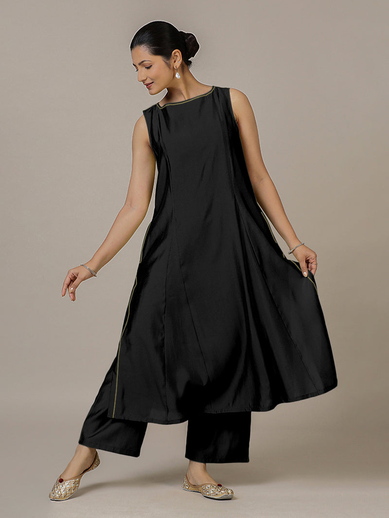 Sarah x Rozaana | A Line Kurta in Raven Black with Thread Work | Coords or Only Kurta-Binks