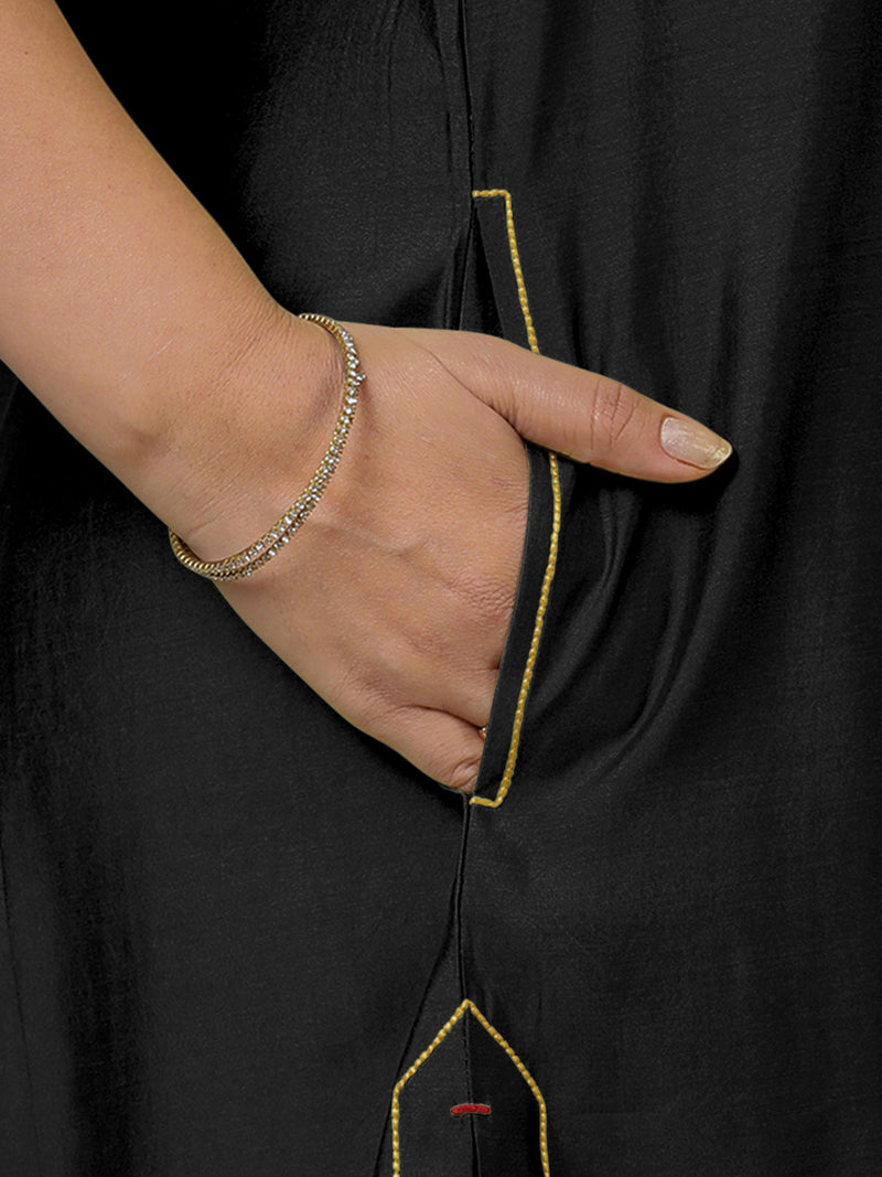 Sarah x Rozaana | A Line Kurta in Raven Black with Thread Work | Coords or Only Kurta-Binks