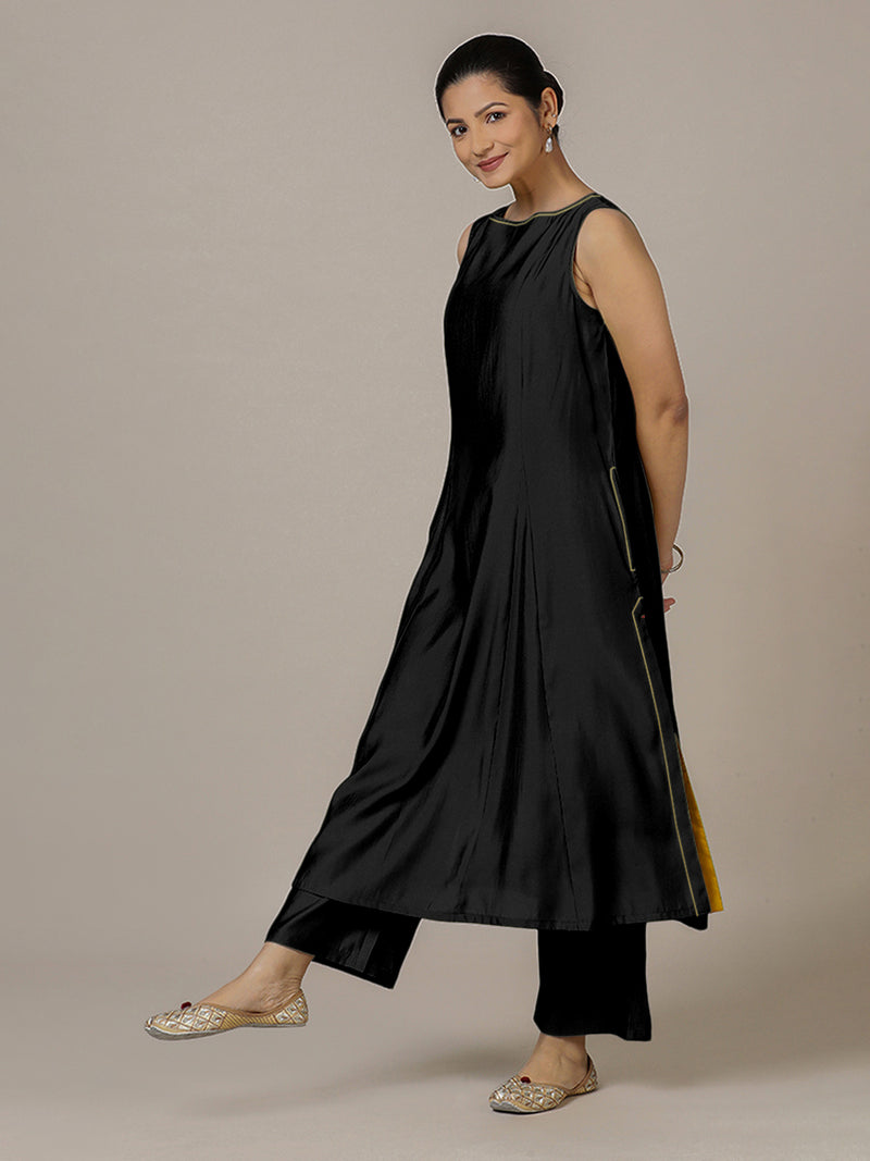 Sarah x Rozaana | A Line Kurta in Raven Black with Thread Work | Coords or Only Kurta-Binks
