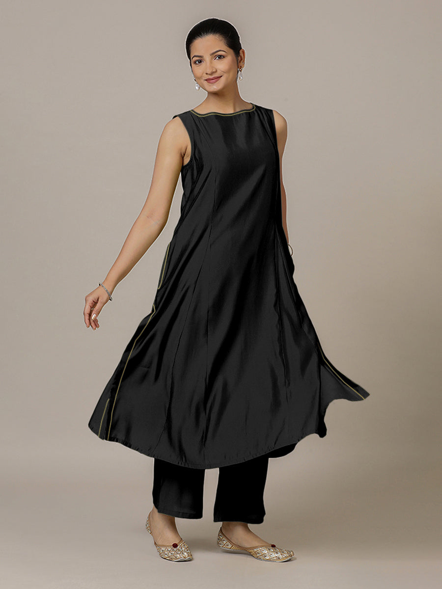 Sarah x Rozaana Kurta, in Black Viscose, featuring sleeveless and boat neckline, made for daily & work (view 8).