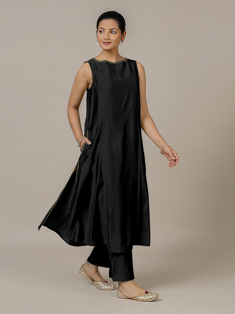 Sarah x Rozaana | A Line Kurta in Raven Black with Thread Work | Coords or Only Kurta-Binks
