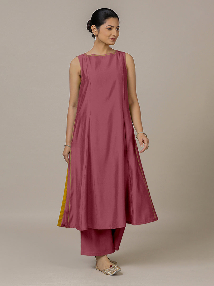 Sarah x Rozaana Kurta, in Pink Viscose, featuring sleeveless and boat neckline, made for daily & work (view 8).
