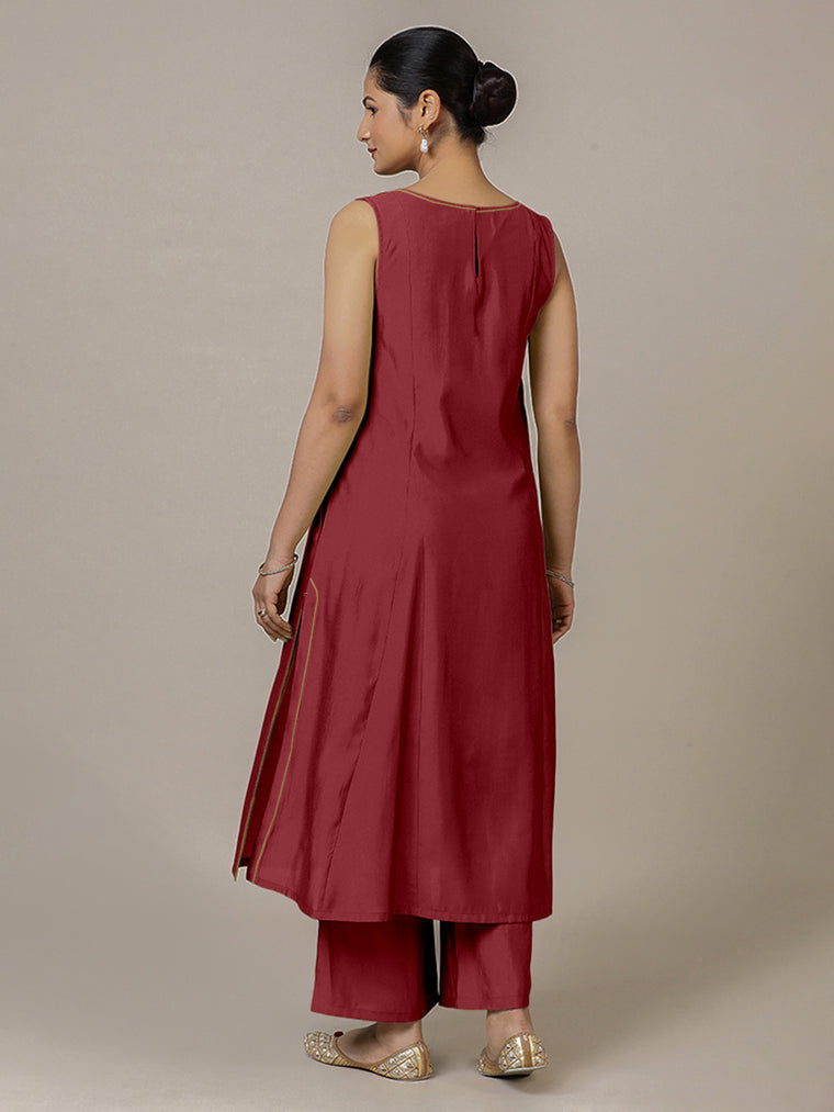 Sarah x Rozaana Kurta, in Red Viscose, featuring sleeveless and boat neckline, made for daily & work (view 2).